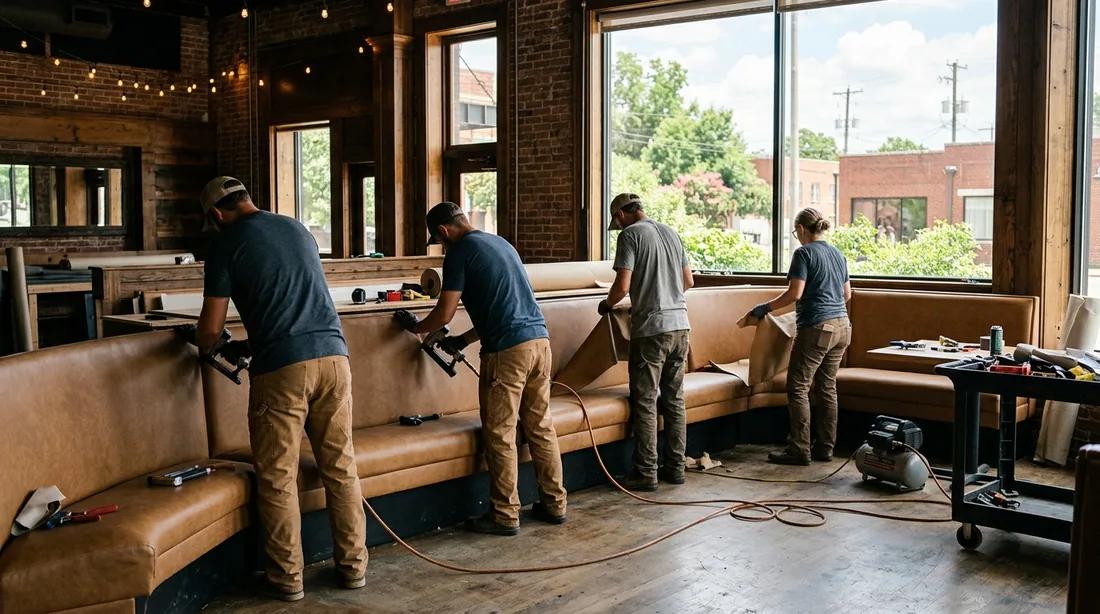 A small professional crew working on a booth upholstery job at a property, seen from behind and at — Tulsa, OK